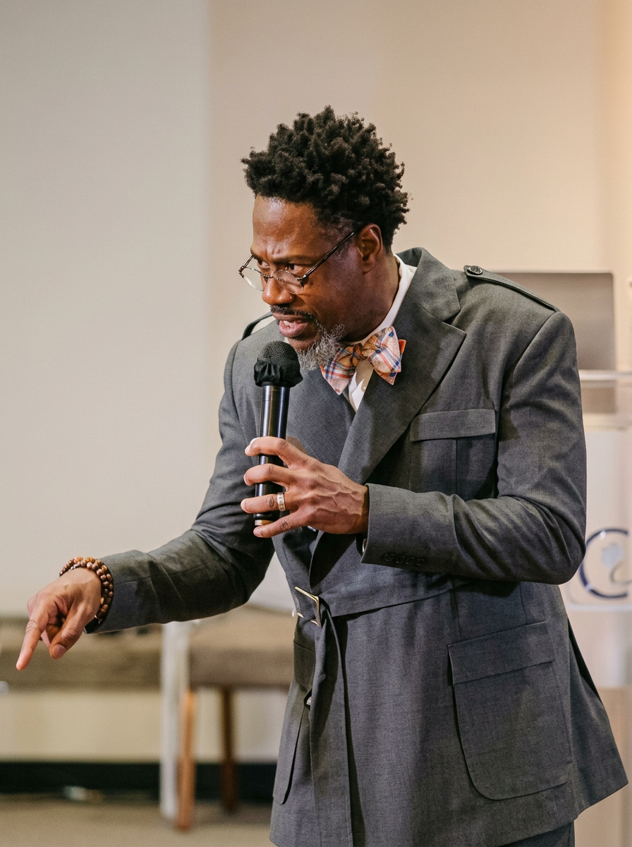 Dr. Patrick McGrew preaching with microphone in hand
